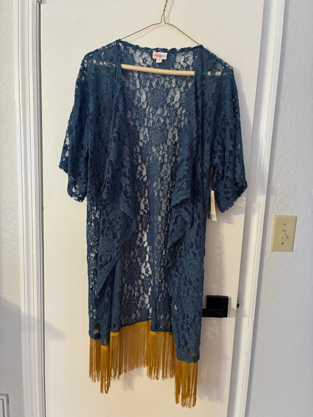 LuLaRoe Blue Lace Waterfall front Kimono with Gold-colored Fringe at Bottom